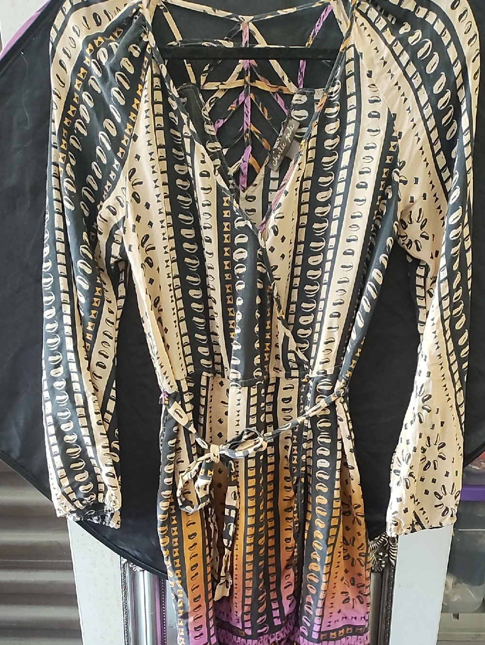 charlie jade Black, Cream and Purple Printed Strappy Dress